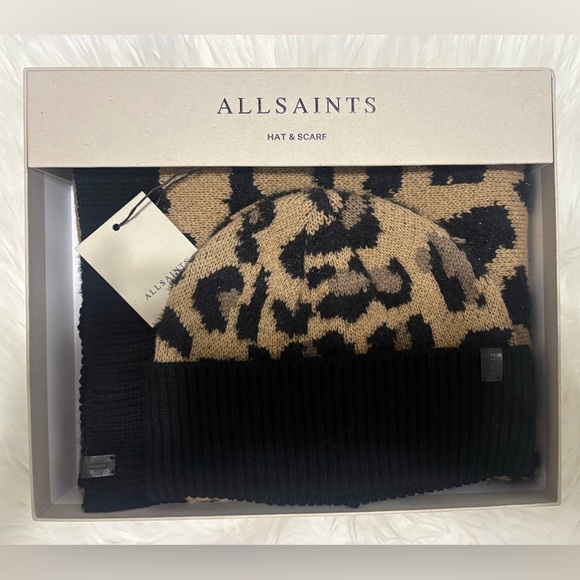 All Saints Accessories - NWT All Saints Leopard Print Black and Tan Beanie & Scarf Set
